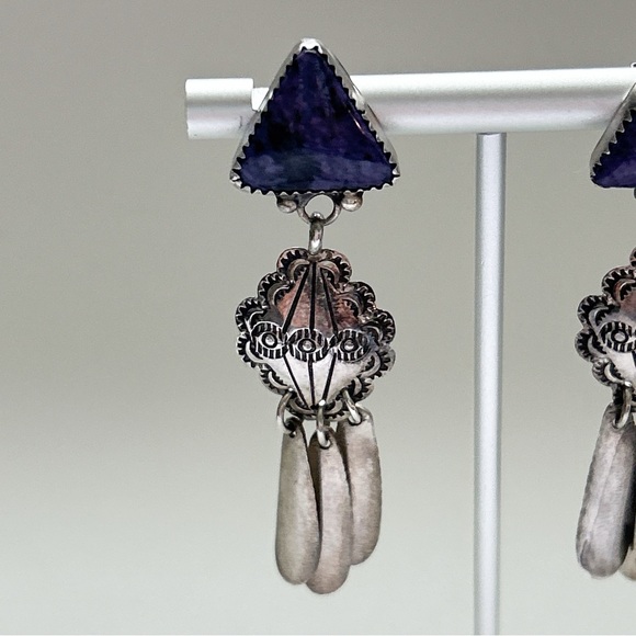 Vintage Richard Begay Navajo Charoite Sterling Silver Concho Earrings - Picture 6 of 14